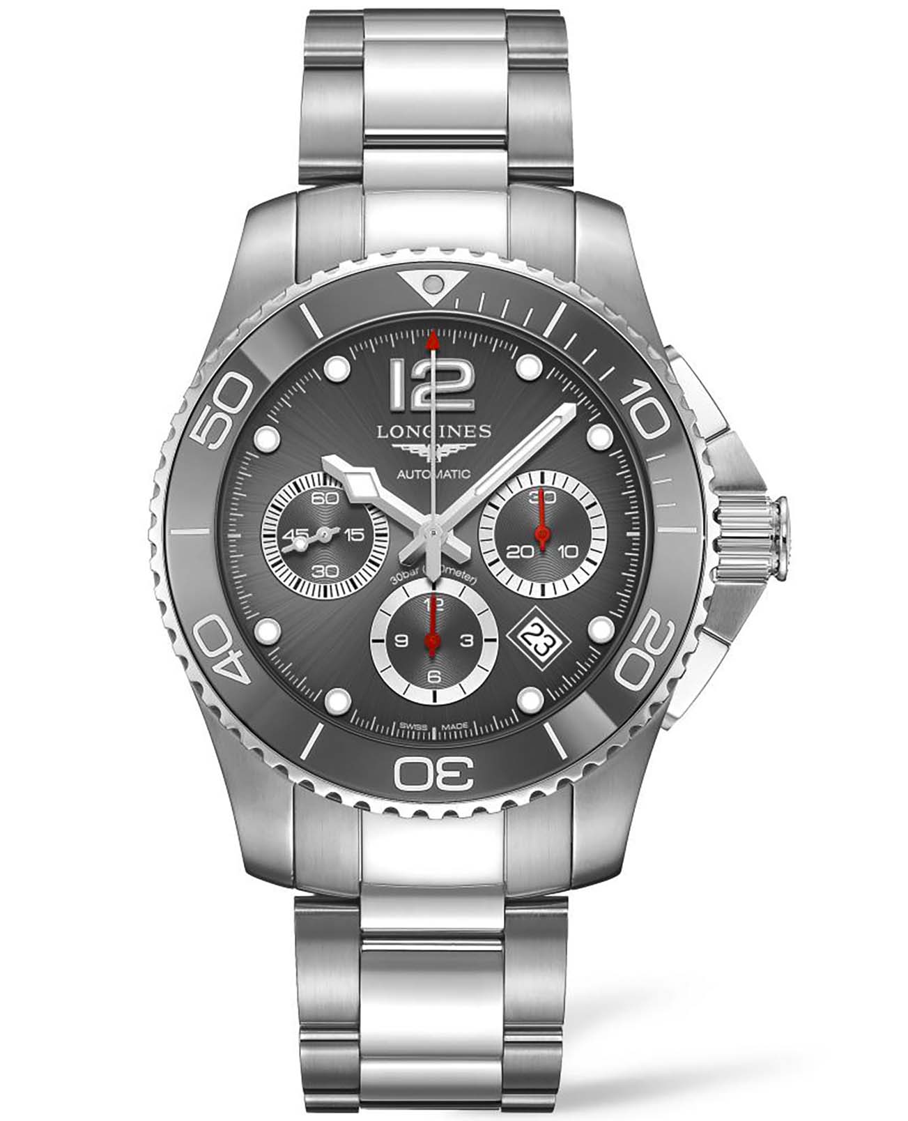 Longines Longines HydroConquest L3.883.4.76.6  L38834766 механические мужские часы серый циферблат, браслет нержавеющая сталь — вид спереди